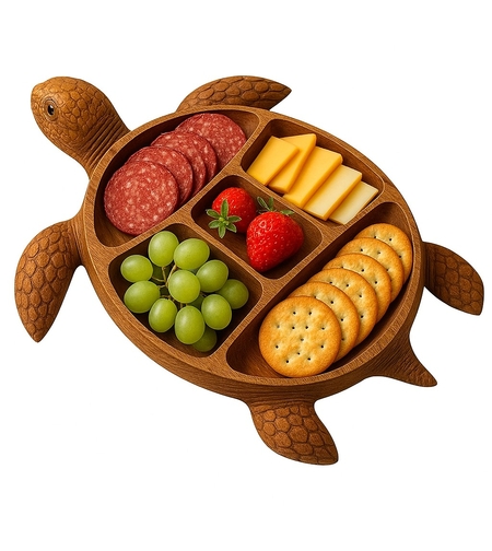 Platou pentru Servire, Vafy, in Forma de Broasca Testoasa, 3 Compartimente pentru Mezeluri, Branzeturi, Snacksuri, Fructe, Design Artistic, din Lemn Masiv, 24 x 24 x 3 cm, Maro
