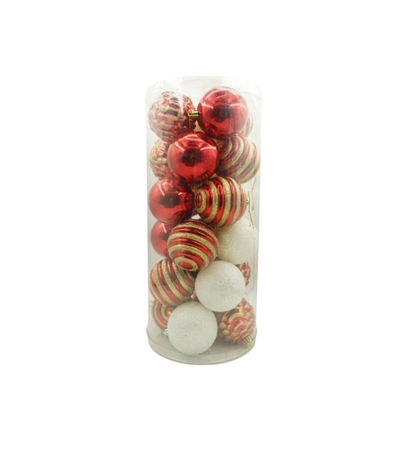 Set de 24 ornamente de brad, Flippy, de tip Glob, Alb/ Rosu, cu ø de 7 cm, din plastic, cu finisaj sclipitor , cutie 16 cm lungime x 36 cm inaltime x 16 cm adancime, Resigilat