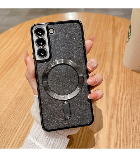 Husa de Protectie 2 in 1, Vafy, pentru Samsung Galaxy S23FE, Glitter Chrome Magsafe, din TPU, Magnetica, cu Protectie Lentila, Negru
