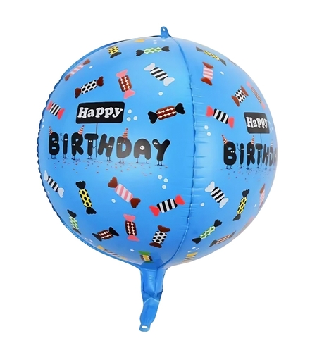 Balon din Folie Metalizata, Flippy, Figurine 4D, Model Happy Birthday, Tematica Aniversara Bombonele, 63x24 cm, Ambalaj Individual, Pai Inclus, Umflare cu Aer sau Heliu, Albastru
