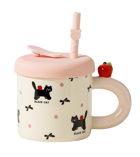 Cana din Ceramica cu Capac si Pai, Flippy, Capacul si Paiul din Silicon Roz, 9x8.5 cm, Model Cute C, Capacitate 380ml