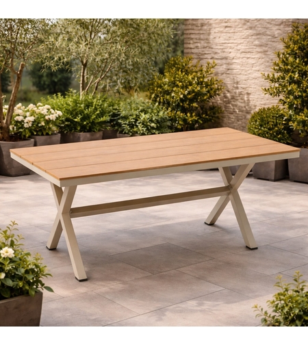 Masa gradina dreptunghiulara din aluminiu cu blat aspect lemn, 150x90x74 cm, bej