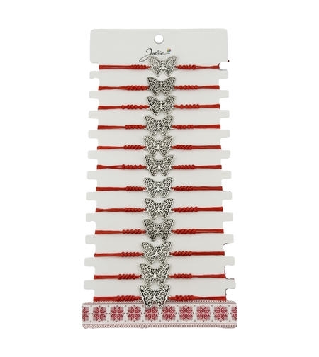 Bratara Martisor pentru Dama, Jolie, Model Fluture, Set 12 bucati, Pandativ Argintiu din Inox cu Snur Rosu Ajustabil