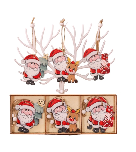 Set 9 Decoratiuni de Craciun din Lemn, Flippy, cu Snur pentru Agatare in Brad, 3 Modele, Model Mos Craciun cu Brad, Ren si Cadouri, Diferite Dimensiuni, Multicolor
