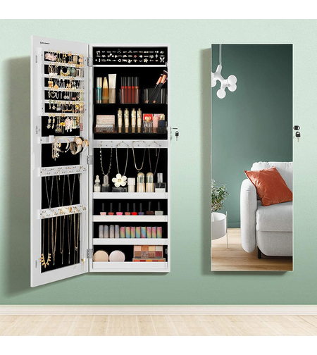 SONGMICS Dulap pentru bijuterii, cu oglinda design fara rama, MDF, montare pe perete sau usa, 37x10x108 cm, alb