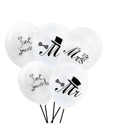 Set 10 Baloane din Latex, Flippy, Model Party Casatorie, Mr&Mrs Just Married, 2.8 g, 30 cm, Alb/Negru