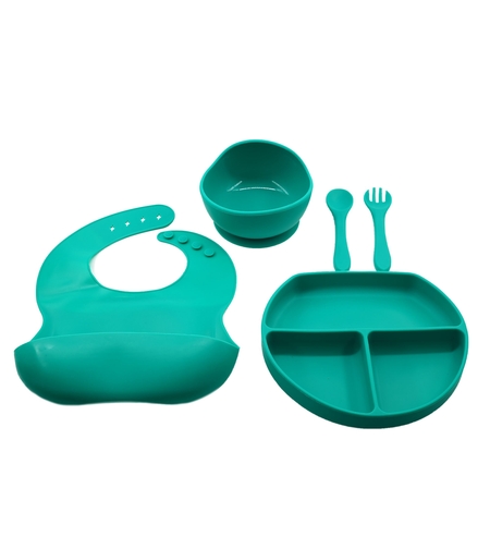 Set 5 piese diversificare bebelusi si copii din silicon Flippy, baveta, farfurie compartimentata cu ventuza, bol cu ventuza, tacamuri, fara alergeni, verde