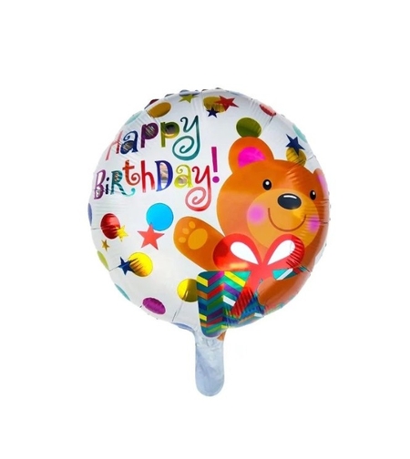 Balon din Folie Metalizata, Flippy, Mini Figurina Rotunda, Model Happy Birthday Ursulet, Tema Aniversare, 45 cm, Ambalaj Individual, Pai inclus, Umflare cu Aer sau Heliu, Maro