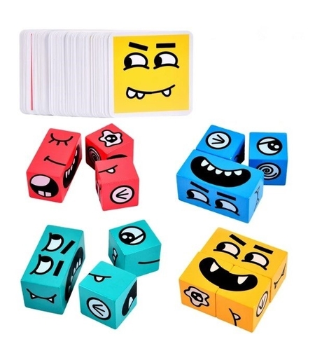 Jucarie pentru copii montessori Flippy, cub din lemn, asamblare fete, 64 de carti distractive, pentru baieti si fete, varsta +3 ani, educativ, multicolor