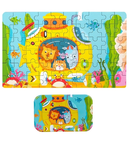 Puzzle 60 de Piese din Lemn in Cutie Metalica, Flippy, Model Submarin, Educativ, Dezvoltare Abilitati Cognitive, pentru Prescolari, 22.5x13.5 cm