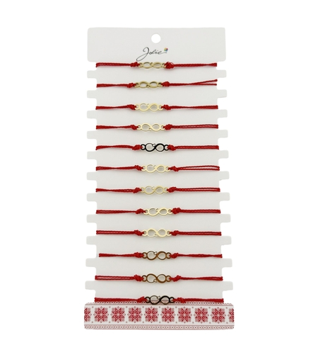Bratara Martisor pentru Dama, Jolie, Model Infinit, Set 12 bucati, Pandativ din Inox Auriu, Snur Ajustabil Impletit, Rosu
