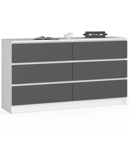 Comoda cu 6 sertare, PAL laminat, 138x40x77 cm, alb si gri grafit