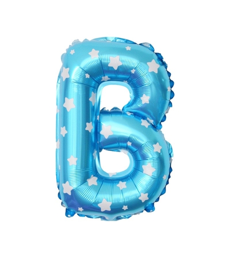 Balon Folie Metalizata Litera B, Flippy, 40 cm, Cu Imprimeu Stelute, Umflati cu Heliu sau Aer, Ambalaj Individual, Pai inclus, Albastru