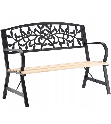 Banca de gradina din lemn si otel cu spatar decorativ model frunze, 120x56x87 cm, negru si maro natur