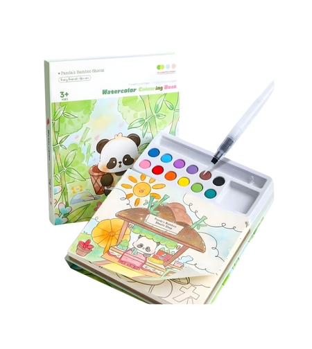 Carte de Colorat cu Acuarela, Flippy, Model Panda, 20 Foi de Carton 200 gr, 12 Culori, 1 Pensula, 15.7 x 18.8 x 1.8 cm, Verde