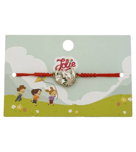 Martisor Bratara pentru Copii, Jolie, Model Luna cu Flori, din Metal Auriu cu Snur Impletit Rosu, Alb/Verde
