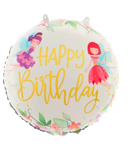 Balon din Folie Metalizata, Flippy, Figurina Cerc, Model Happy Birthday cu Zane, Tematica Aniversare, 45 cm, Ambalaj Individual, Pai Inclus, Umflare cu Aer sau Heliu, Multicolor