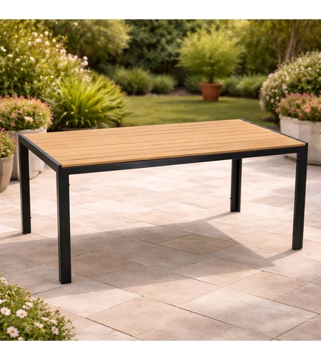 Masa de gradina, cadru otel, blat polywood cu aspect lemn, 150x90x73 cm, negru si maro natur