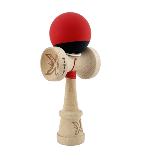 Kendama X Originala, Profesionala, Flippy, Cupe Mari KING SIZE V3, Rubber Grip, Gaura in Baza, Rulment Metalic, din lemn 18 cm, Ata 62/65 cm, Bicolor Rosu/Negru