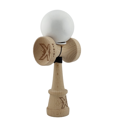 Kendama X Originala, Profesionala, Flippy, Rubber Grip, Cupe Mari KING SIZE V3, Gaura in Baza, Rulment Metalic, din lemn 18 cm, Ata 62/65 cm, Special Alb