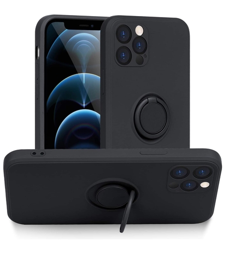 Husa protectie Vafy compatibila cu Apple iPhone 12 Pro Liquid Silicone Ring cu suport rotativ Negru
