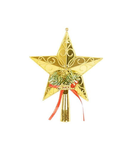 Varf decorativ de brad, Auriu, in forma de Stea, cu decoratiune Merry Christmas, din Plastic, 18.5 x 15 cm, Interior,Exterior, Flippy