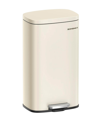 SONGMICS Cos de gunoi din otel cu pedala, galeata interioara plastic, capac inchidere lenta, 30L, 35x30x63cm, bej