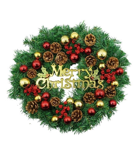 Coronita de Craciun pentru usa, Rosu-Auriu-Verde, 40 cm, PVC, Artificiala, Decorata, Interior/Exterior, Flippy