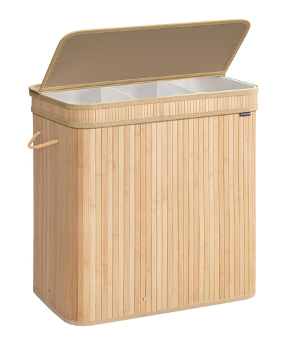 SONGMICS Cos rufe 63x42x61 cm, 150L, pliabil cu capac si sac lavabil, bambus si textil, bej natur