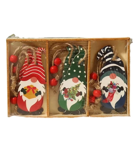 Set 9 Decoratiuni de Craciun din Lemn, Flippy, cu Snur pentru Agatare in Brad, 3 Modele Mos Craciun Diferite Dimensiuni, Multicolor