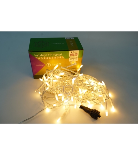 Instalatie de Craciun Flippy® Tip Turturi, Franjuri cu Flash, Sectiune 3 m, 96 LED-uri, Interconectabila, Fir Transparent, Alb Cald