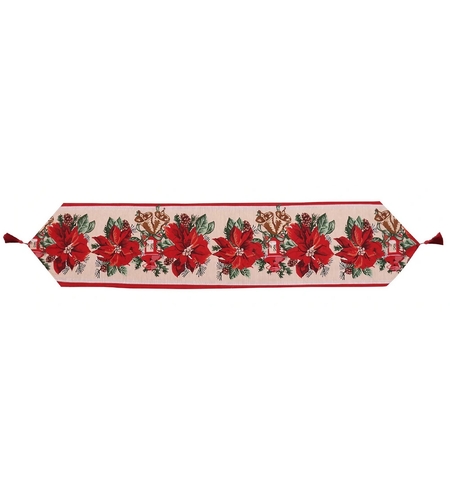 Traversa de Masa pentru Craciun, Flippy, Napron, din Material Tricotat cu Tesatura Groasa, Model Flori Rosii, cu Colt si Ciucure, 173x34x0.2 cm, Alb/ Rosu