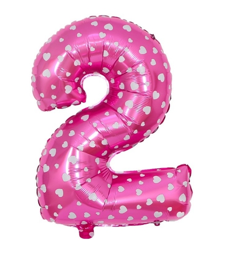 Balon din Folie Metalizata Flippy, Figurina Cifra, Imprimeu Inimi, Tema Aniversare 80 cm, Ambalaj Individual, Pai inclus, Umflare cu Aer sau Heliu, Roz, Cifra 2