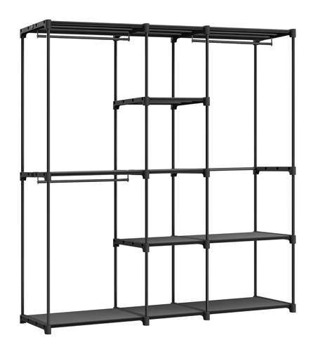 SONGMICS Dulap portabil pentru haine cu 3 bare de suspendare si rafturi, structura metalica, 43x182x182 cm, negru