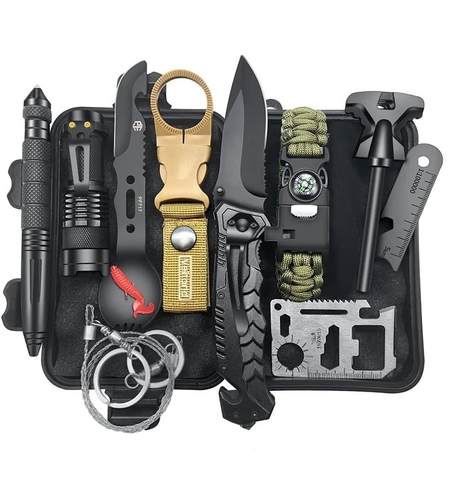 Kit supravietuire multifunctional 13 in 1 Flippy, Instrumente profesionale, agatatoare ghiozdan, pentru Camping, Drumetii, Aventuri in aer liber, borseta inclusa, model cutie, negru