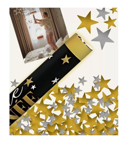Tub de Confetti, Flippy, Bonne Annee, 30x5 cm, Confetii Stelute din Aluminiu, Auriu/Argintiu