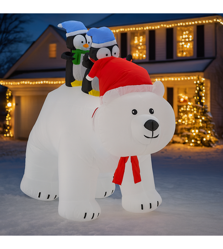 Urs polar gonflabil de exterior, iluminare LED, cu doi pinguini, compresor integrat, 200x120x80 cm, alb