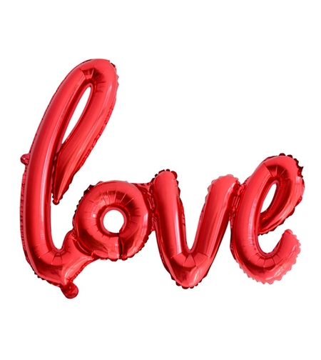 Set Baloane din Folie Metalizata, Model Love Scris de Mana, 102x65 cm, Baloane Ziua Indragostitilor, Ambalaj Individual, Pai inclus, Umflare cu Aer sau Heliu, Roșu