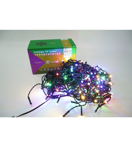 Instalatie de Craciun Flippy® Tip Turturi, Franjuri cu Flash, Sectiune 5 m, 143 LED-uri, Interconectabila, Fir Negru, Multicolor