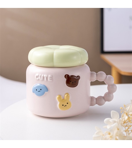 Cana pentru Copii, Flippy, din Portelan, print Figurine Animalute, Model CUTE, Cana cu Capac, Ceasca pentru Cafea, Ceai, 400ml Roz