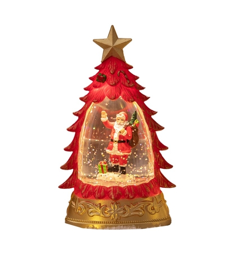 Decoratiune de Craciun tip Brad, Flippy, Glob de Cristal cu Fulgi de Zapada, Model Mos Craciun, Iluminare LED, 16 x 9 x 5 cm, Carcasa Vintage Rosu, Transparent