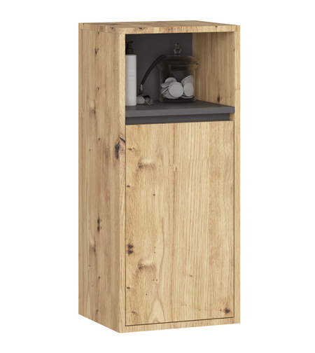 Etajera de baie suspendata, cu usa si 2 polite, PAL 16 mm, 35x30x80 cm, stejar artisan si gri
