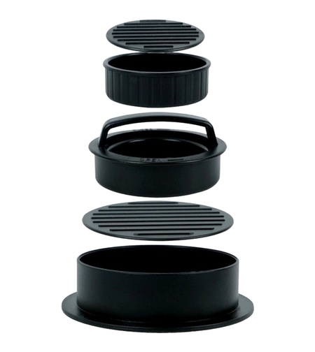Presa dubla pentru hamburgeri 2 in 1, forma si presa, doua dimensiuni, cu maner, usor de curatat si folosit, material ABS, 100 de foi hartie de copt incluse, 13x13.5x7 cm, fara lipire, neagra