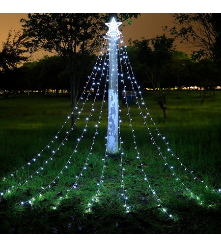 Instalatie Tip Perdea Pentru Pomul De Craciun, Cu Stea Luminoasa, Vafy , 350 LED-uri, Conectare La Retea, Interior/Exterior, Lumina Rece