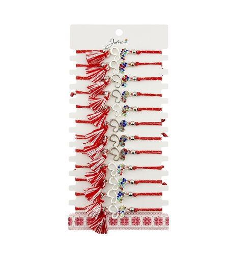 Martisor Bratara cu Ciucure pentru Dama, Jolie, Model Fluture cu Pietre Colorate, Set 12 bucati, Pandativ din Inox, Snur Reglabil, Rosu/Alb