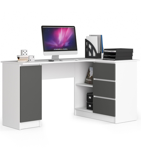 Birou colt dreapta in L cu 3 sertare si rafturi, PAL laminat 16 mm, 155x85x77 cm, alb si gri