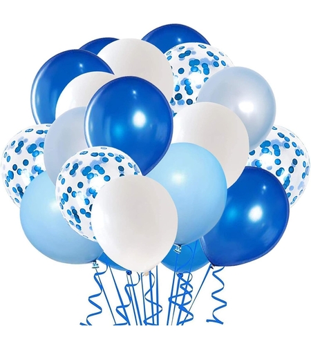 Set 16 Baloane din Latex Metalizate, Flippy, Model Party, 30 cm, Alb, Albastru, Albastru Chrome, Transparent Confetti 2.8 g