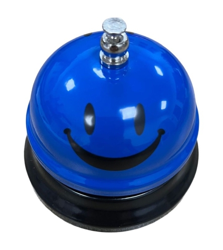 Clopotel Metalic Multifunctional, Flippy, Albastru cu Imprimeu Smiley Face, 7.5x7.5x6.5 cm, Receptie, Restaurant, Cafenele