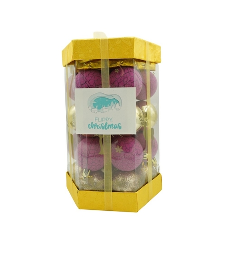 Set de 35 ornamente de brad, Flippy, de tip Glob, Auriu/ Mov, din polistiren, cu finisaj sclipitor , cutie 14 cm adancime x 23 cm inaltime x 14 cm lungime)