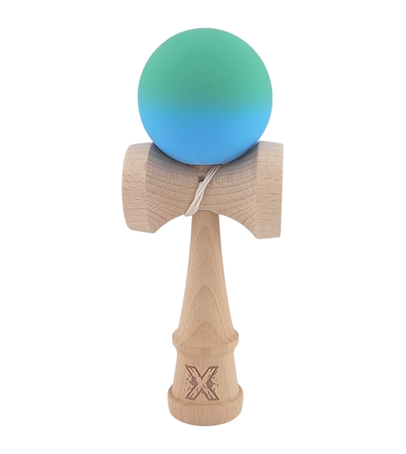 Kendama X Originala, Profesionala, Flippy, din Lemn, Rubber Grip, 18 cm, Verde/Albastru